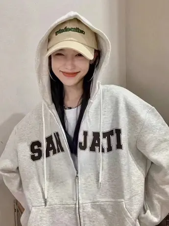 美式复古oversize潮牌卫衣女春秋薄款宽松上衣慵懒风连帽开衫外套商品大图