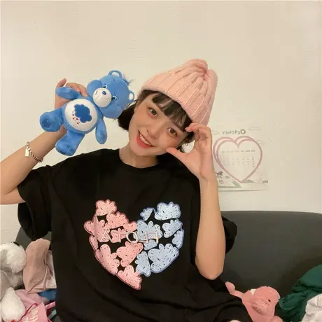 红续夏季纯棉短袖t恤女宽松2023新款小个子甜酷风设计感小众上衣图片