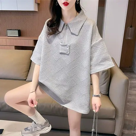小众设计感短袖t恤女夏装韩版宽松大码中长款华夫格polo领上衣服商品大图