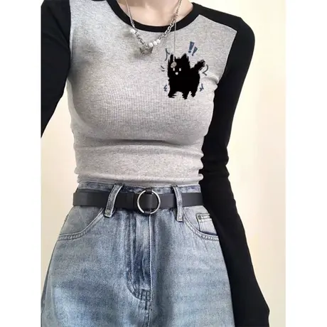 卡通印花长袖T恤女初秋百搭修身显瘦撞色拼接打底衫上衣体恤潮ins商品大图