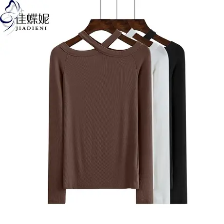 春秋季新款韩版一字领修身纯白显瘦纯色长袖体恤上衣内搭女打底衫商品大图