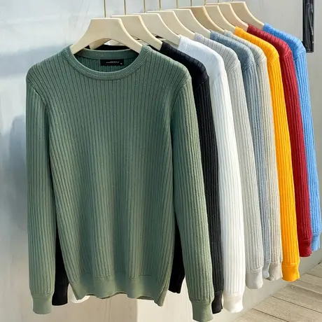 秋冬季新款圆领毛衣男长袖针织衫打底衫条纹保暖加厚线衣韩版潮流商品大图