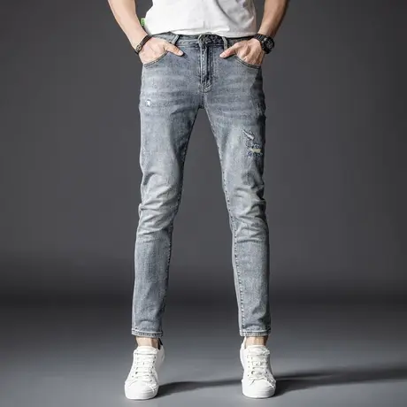 Modi Nick/摩帝尼克春夏薄款时尚小脚牛仔裤水洗印花修身休闲男士商品大图