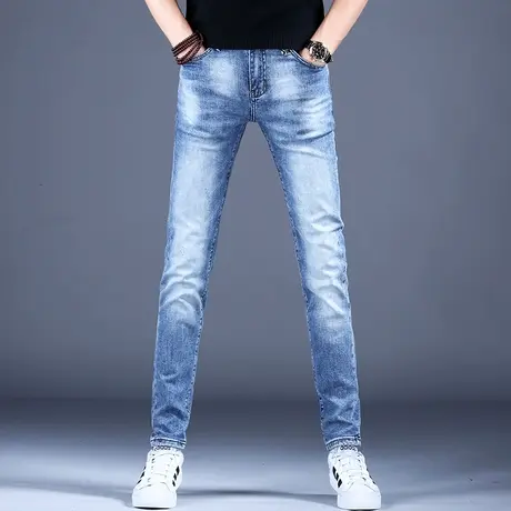 2023新款男士春季牛仔裤子简约修身精致浅蓝小脚裤男潮牌舒适休闲图片