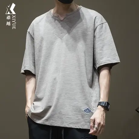 希越日系简约重磅纯色t恤男竹节平纹布短袖宽松大码夏季休闲男款商品大图