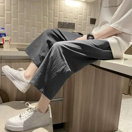 夏季薄款居家亚麻休闲裤男日系灰色七分八分空调裤宽松阔腿九分裤商品大图