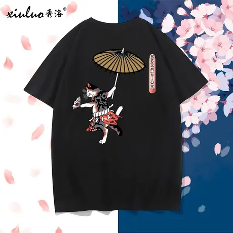 秀洛夏季潮流日系猫咪印花宽松短袖男体恤个性潮牌男装黑色t恤图片