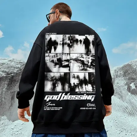 国潮oversize大码男潮牌ins情侣圆领加绒胖子秋冬季加肥加大卫衣图片