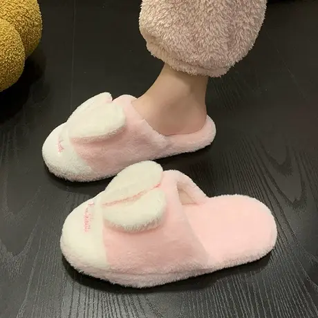 可爱兔子半包头拖鞋女冬外穿2023年学生寝室防滑棉拖保暖毛毛拖鞋商品大图