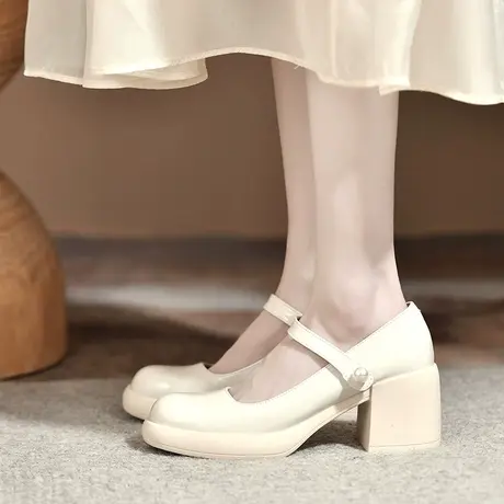 白色粗跟法式玛丽珍女鞋子高跟2023春夏新款小皮鞋仙女单鞋配裙子商品大图