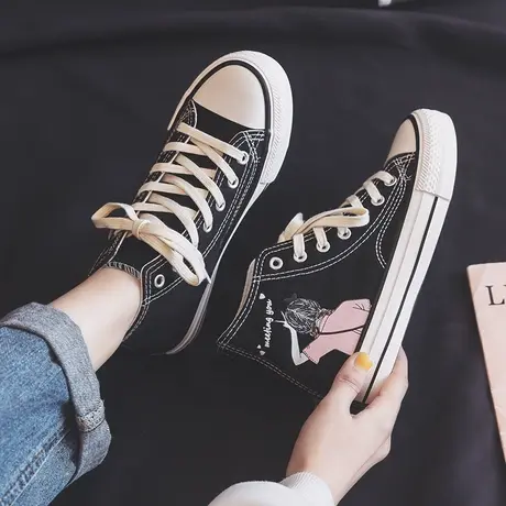 高帮帆布鞋女泫雅风2023春秋季韩版ulzzang潮少女印花布鞋板鞋子商品大图
