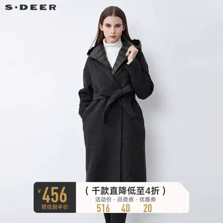 sdeer圣迪奥西装领羽绒拼接收腰长款毛呢大衣女S21481847图片