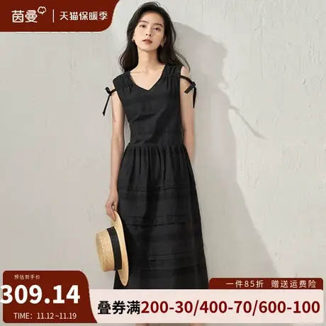 茵曼法式无袖背心连衣裙气质显瘦a字长裙2023夏季新款纯棉小黑裙图片