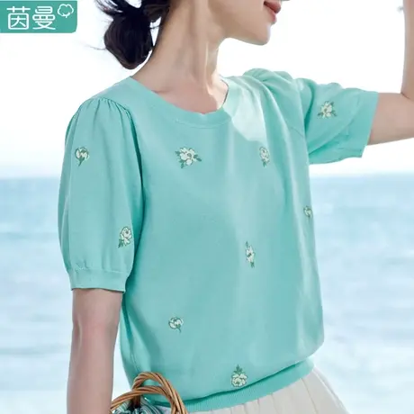 茵曼短袖针织衫女士2023年夏季新款宽松T恤温柔系凡尔赛上衣短款图片