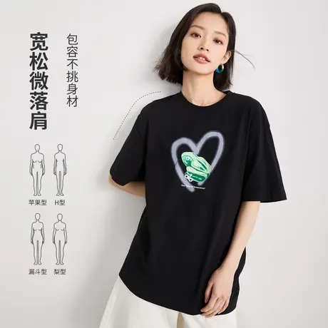 茵曼卡通印花圆领T恤女士2023夏季新款宽松气质套头休闲短袖上衣图片
