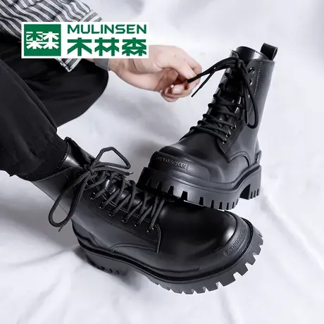木林森皮靴男马丁靴秋冬英伦风机车靴子男士工装短靴作战高帮男靴图片