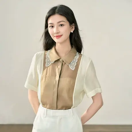 【商场同款】茵曼莱赛尔衬衣2023秋季女装新款花边翻领短袖上衣商品大图