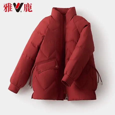 雅鹿红色羽绒服女短款2022冬季新款休闲宽松立领时尚保暖短外套潮商品大图