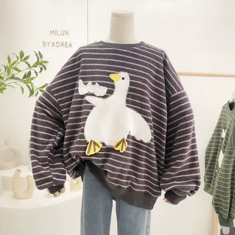 日系宽松古着感外套2021秋冬新款韩国东大门ins可爱条纹卫衣大码图片