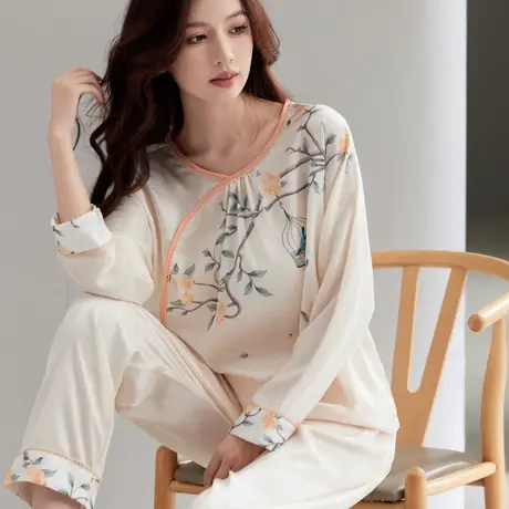 中国风中式仿真丝睡衣女春夏秋季冰丝九分袖套装高级感丝绸家居服图片