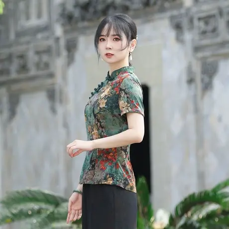 筠雅夏季新款简约清新旗袍式上衣唐装女改良版修身复古素衣24R532商品大图