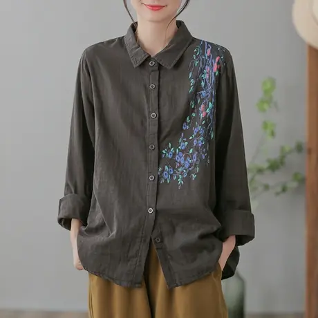 dza 复古纯棉刺绣宽松衬衫女春秋休闲长袖上衣女百搭翻领显瘦衬衣图片