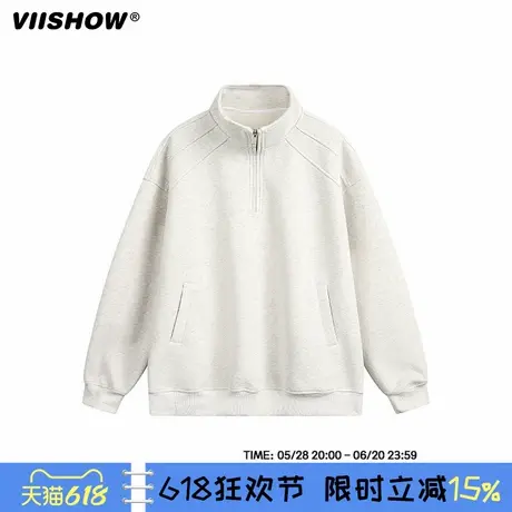VIISHOW复古日系纯色半拉链套头卫衣男春季宽松情侣百搭休闲上衣商品大图