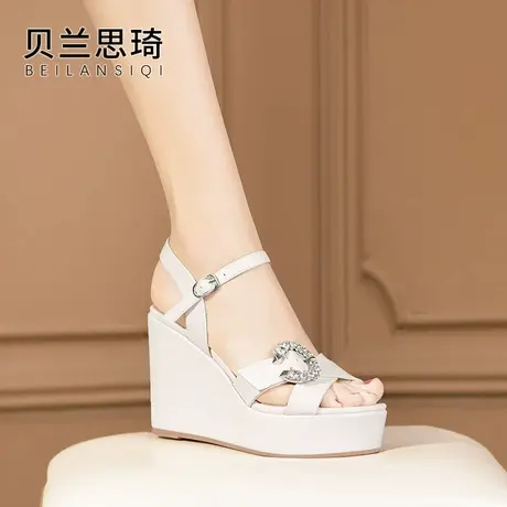 真皮一字带水钻舒适厚底坡跟凉鞋女2025夏季百搭防水台高跟凉鞋图片