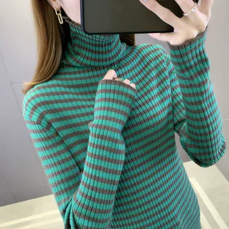 高领打底衫女内搭2023年新款秋冬时尚条纹洋气爆款女士堆堆领毛衣商品大图