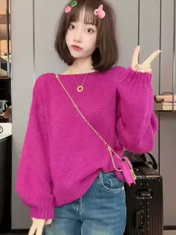 欧华ins简约设计感小众宽松慵懒针织上衣简约软糯纯色2023毛衣秋商品大图