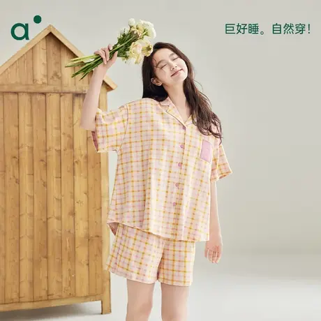 安之伴睡衣女款夏季纯棉格子甜美短袖短裤休闲家居服套装可外穿商品大图