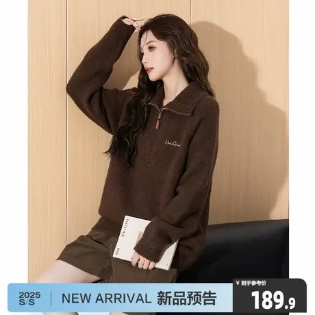 唐狮25秋冬季新款毛衣女翻领拉链半开襟净色字母时尚毛线衫商品大图