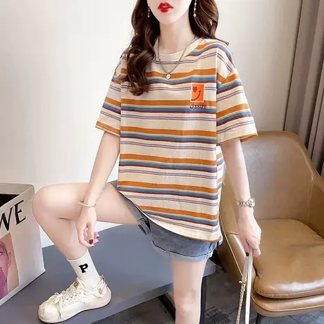杏色条纹短袖t恤女2025新款夏宽松刺绣韩版潮牌高端chic港味上衣商品大图
