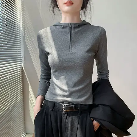 韩版连帽拉链半开领藏修T恤女秋新款修身外穿上衣纯色简约打底衫商品大图