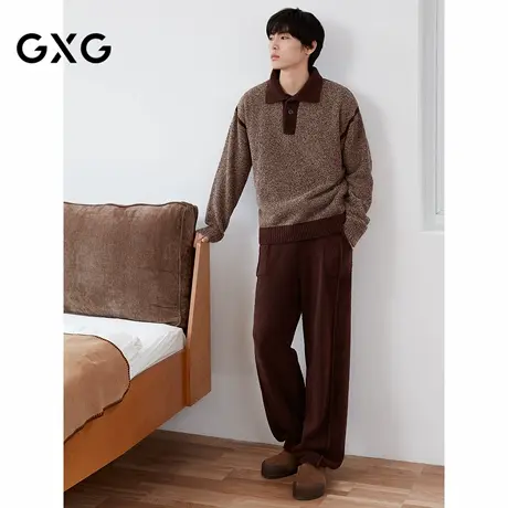 GXG男士家居服 咖色拼接柔软POLO睡衣休闲舒适睡衣套装冬季款商品大图