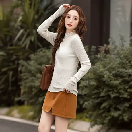 唐狮半高领内搭打底衫女2025新款秋冬美拉德风修身显瘦薄款针织衫商品大图