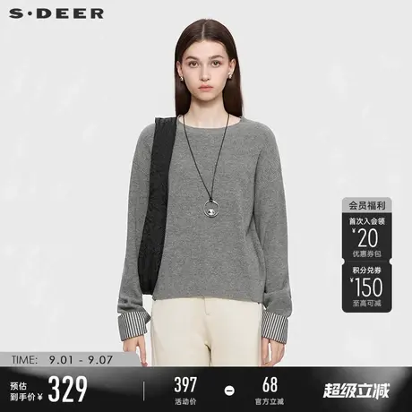 sdeer圣迪奥女装25年新品罗纹圆领撞色条纹拼接针织衫S25363508商品大图