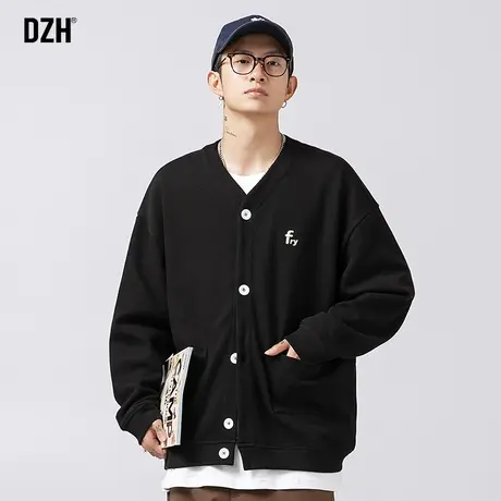 男士黑色开衫卫衣男春秋季宽松华夫格外套潮流百搭刺绣上衣针织衫商品大图