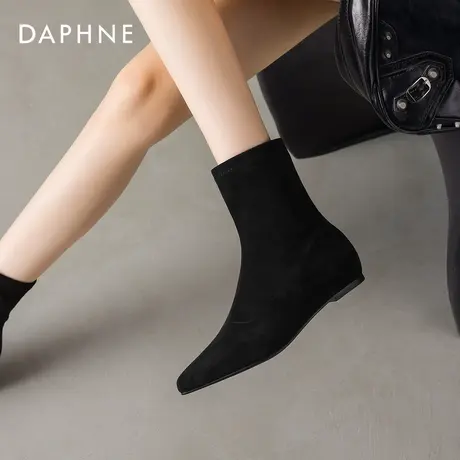 达芙妮平底小短靴女2025新款秋冬尖头内增高瘦瘦靴绒面弹力袜靴子图片