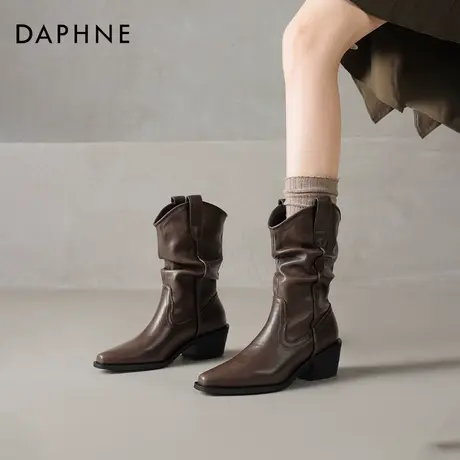 达芙妮棕色短靴女2025新款冬季尖头西部牛仔骑士靴子堆堆加绒皮鞋商品大图