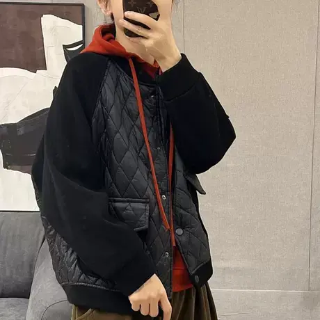 秋冬加厚夹棉菱格拼接短外套女韩版宽松休闲夹克衫棉衣棒球棉服潮商品大图