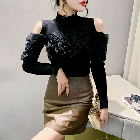 黑色木耳边拼接半高领针织衫性感露肩打底衫气质减龄套头加厚毛衣商品大图