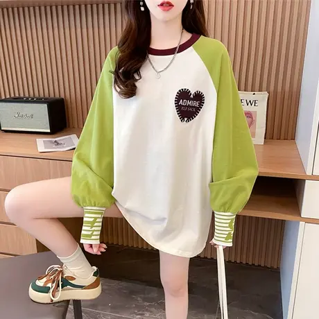 撞色长袖t恤女2023新款秋冬季韩版宽松加绒加厚中长款内搭打底衫图片