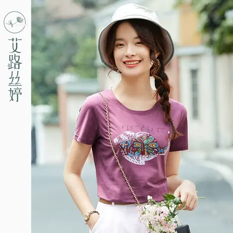 艾路丝婷印花短袖T恤女2023夏装新款韩版圆领修身体恤半袖棉上衣商品大图