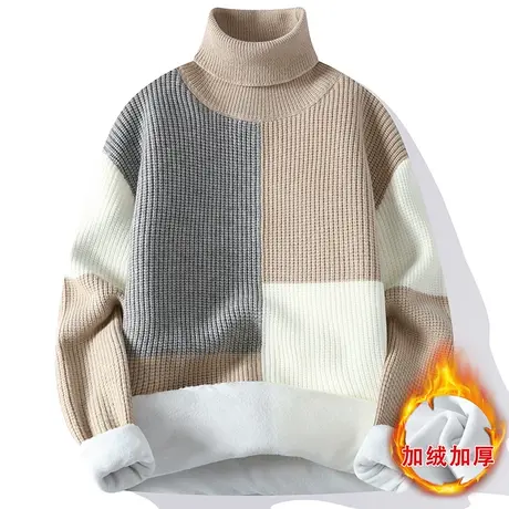 秋冬季加绒加厚撞色毛衣男士新款针织打底衫高领套头保暖线衣男装商品大图
