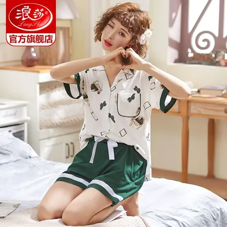 浪莎睡衣女夏季短袖夏天纯棉薄两件套装短裤春夏可出门休闲家居服商品大图