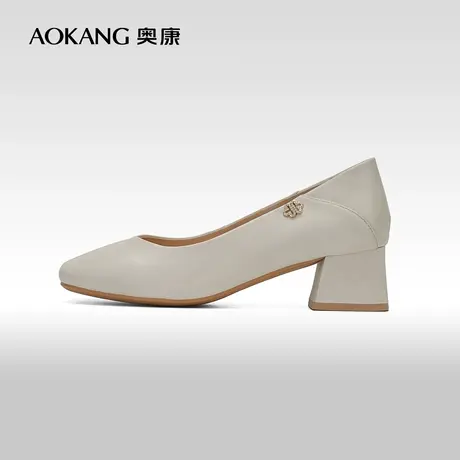 【门店发货】奥康女鞋 春秋季舒适女士粗跟真皮单鞋一脚蹬商品大图