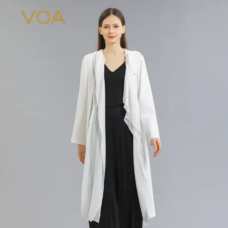VOA真丝60姆米长空重磅白色围巾领乔其面料拼接中长款桑蚕丝外套图片
