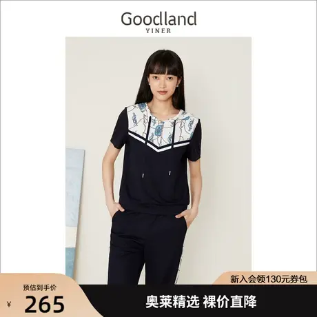 音儿美地女装2022夏季新款印花休闲上衣小众设计撞色连帽T恤潮牌商品大图