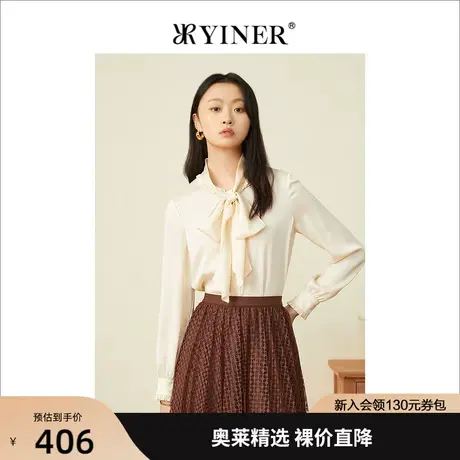 YINER音儿专柜女装2022春季新款花瓣袖蝴蝶系带领衬衫商品大图